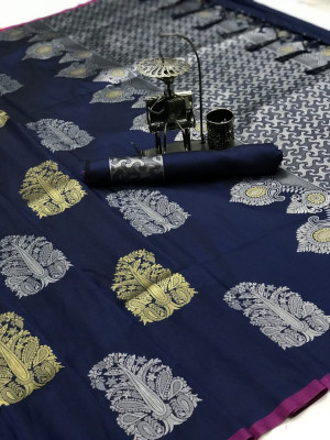 Navy blue color lichi silk saree with golden and silver zari work