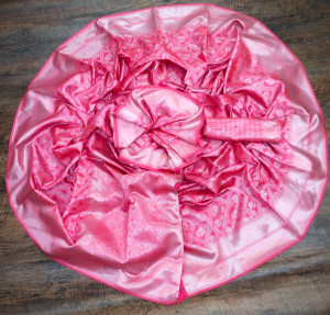 Peach color soft banarasi silk saree with silver zari work