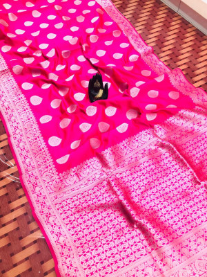 Pink color Soft banarasi silk saree with silver zari work