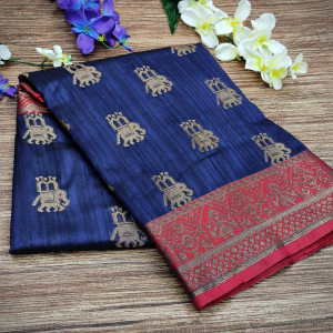 Navy blue color banarasi khicha silk weaving saree with zari work