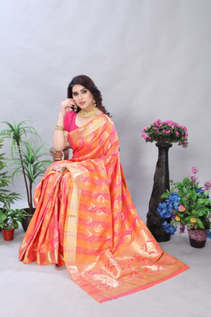 Peach color soft banarasi silk saree with golden zari work