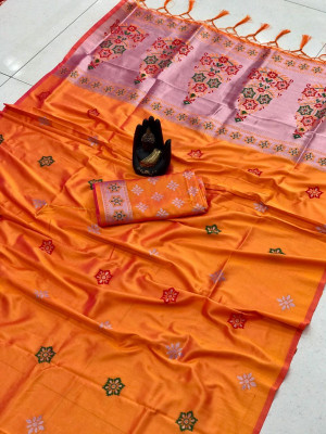 Orange color lichi silk saree with zari weaving rich pallu