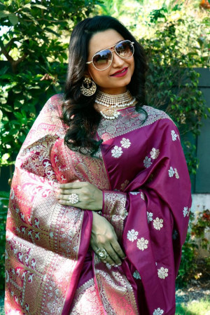 Magenta color soft lichi silk saree with silver and golden zari weaving work