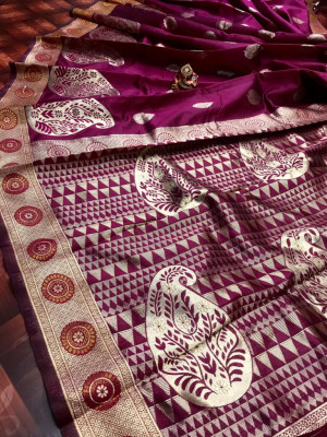 Magenta color soft banarasi silk saree with golden zari weaving  rich pallu