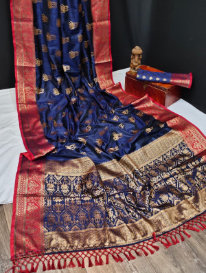 Navy blue color banarasi khicha silk weaving saree with zari work