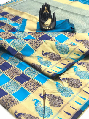 Firoji and blue color soft banarasi silk saree with zari work