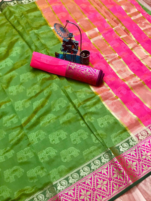 Parrot green color soft cotton saree with weaving border