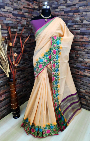 Peach color soft linen silk saree with woven work