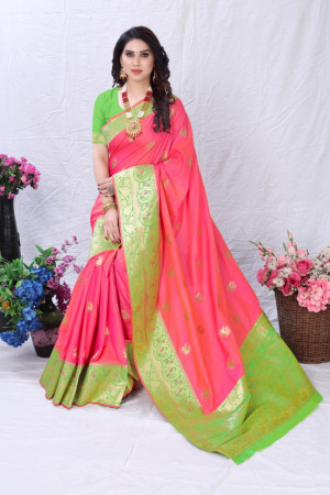 Pink color pure banarasi silk saree with golden zari work