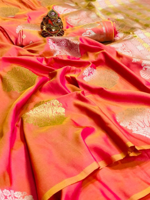 Peach color soft lichi silk saree with golden and silver zari work