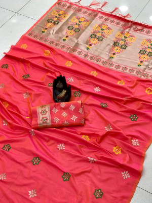 Peach color lichi silk saree with zari weaving rich pallu