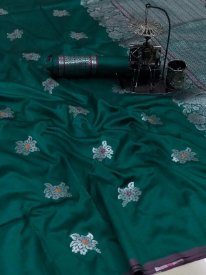 Rama green color lichi silk silver zari weaving attractive saree