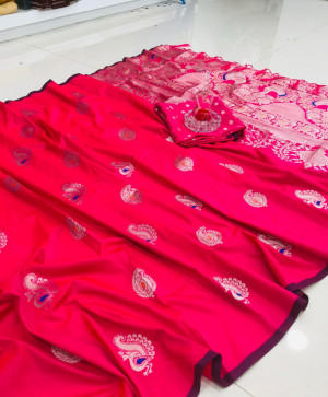 Pink color banarasi silk jacquard weaving saree with rich pallu