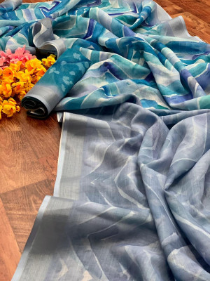 Multi color linen silk saree with silver zari border