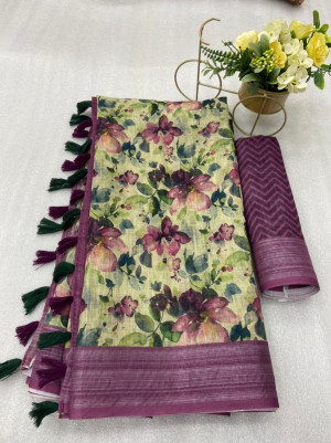 Parrot green color linen cotton saree with digital printed work