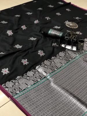 Black color lichi silk silver zari weaving attractive saree