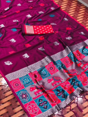 Magenta color lichi silk saree with silver zari weaving work