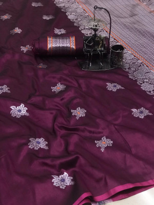 Magenta color lichi silk silver zari weaving attractive saree