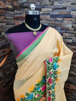 Peach color soft linen silk saree with woven work