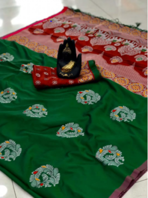 Green color lichi silk saree with silver zari weaving work