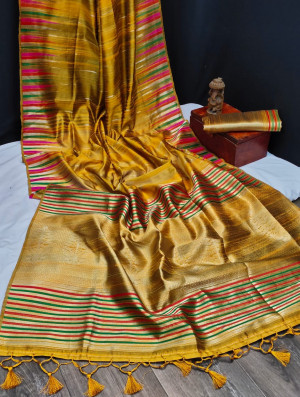 Yellow color tussar silk weaving saree with ikkat woven border & zari woven pallu