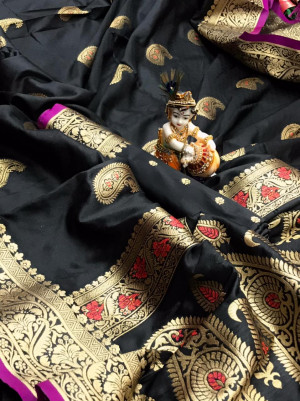 Black color banarasi lichi silk saree with golden zari & rich pallu