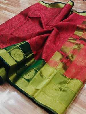 Red color kora muslin silk saree with rich pallu