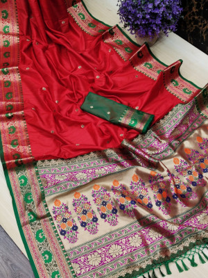 Red color soft khicha silk weaving saree with meenakari woven pallu