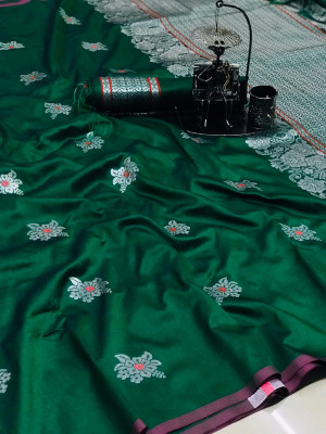 Green color lichi silk silver zari weaving attractive saree