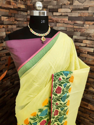 Yellow color linen silk saree with flowery weaving border