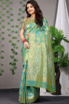 Sea green color kanchipuram silk saree with golden zari work