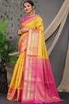 Yellow color kanchipuram silk saree with zari woven rich pallu