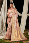Peach color soft linen saree with zari woven work