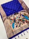 Royal blue color paithani silk saree with weaving work
