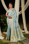 Sky blue color soft linen saree with zari woven work