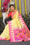 Light yellow color paithani silk saree with zari woven work