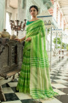Parrot green color soft linen saree with weaving work