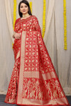 Red color soft kanchipuram silk saree with golden zari work
