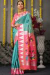 Rama green color paithani silk saree with zari woven work