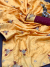 Yellow color soft dola silk saree with embroidery and stone work