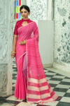 Baby pink color soft linen saree with weaving work