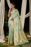 Pista green color soft linen saree with zari woven work