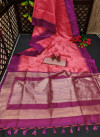 Gajari color tussar silk saree with zari woven contrast border