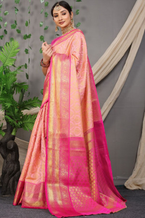 Baby pink color kanchipuram silk saree with zari woven rich pallu