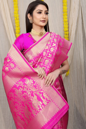 Rani pink color soft kanchipuram silk saree with golden zari work