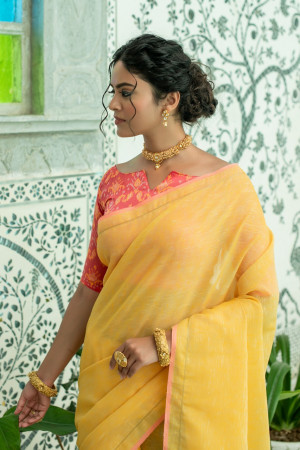 Yellow color soft linen saree with weaving work