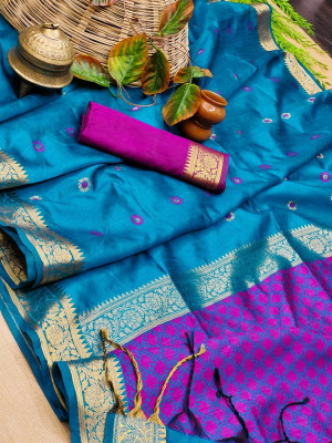 Firoji color raw silk saree with weaving work