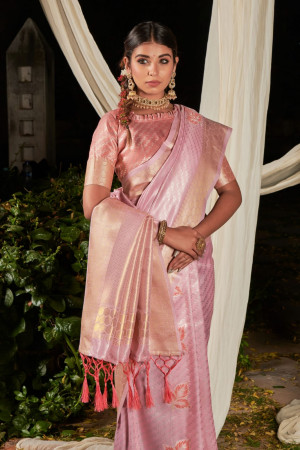 Baby pink color soft linen saree with zari woven work