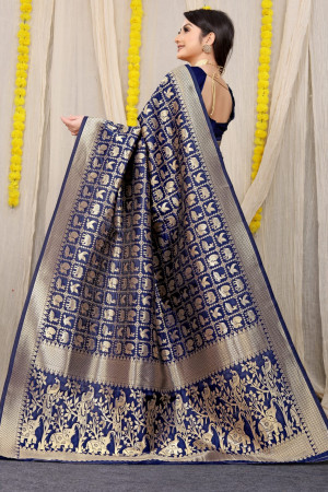 Navy blue color soft kanchipuram silk saree with golden zari work