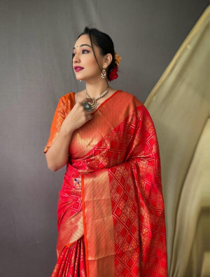 Red color banarasi silk saree with weaving work